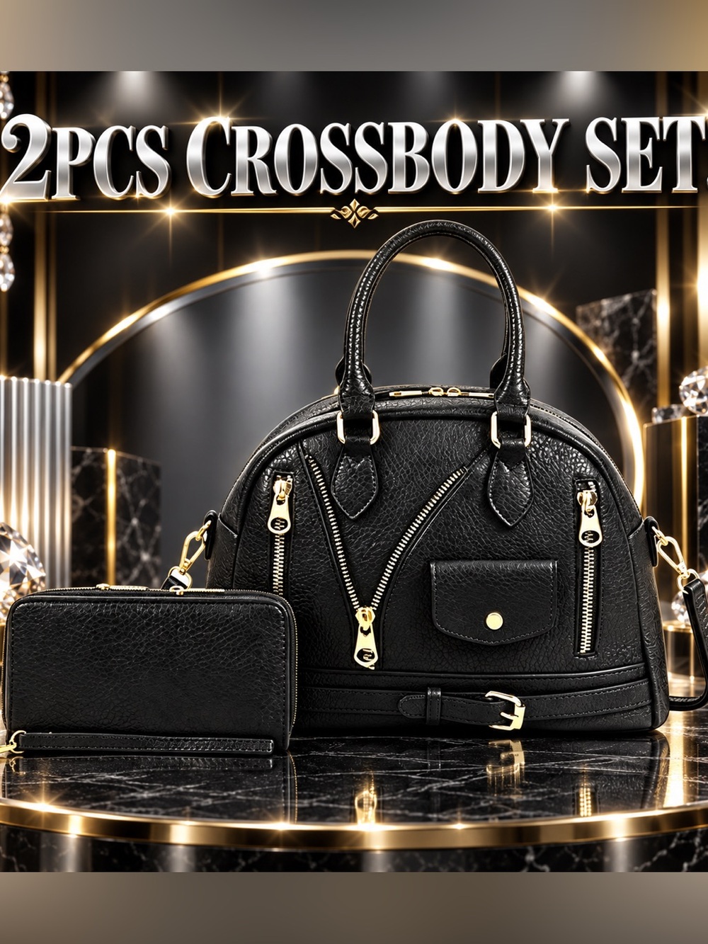 Classic Black Dome Satchel Handbag with Wallet - Unbranded